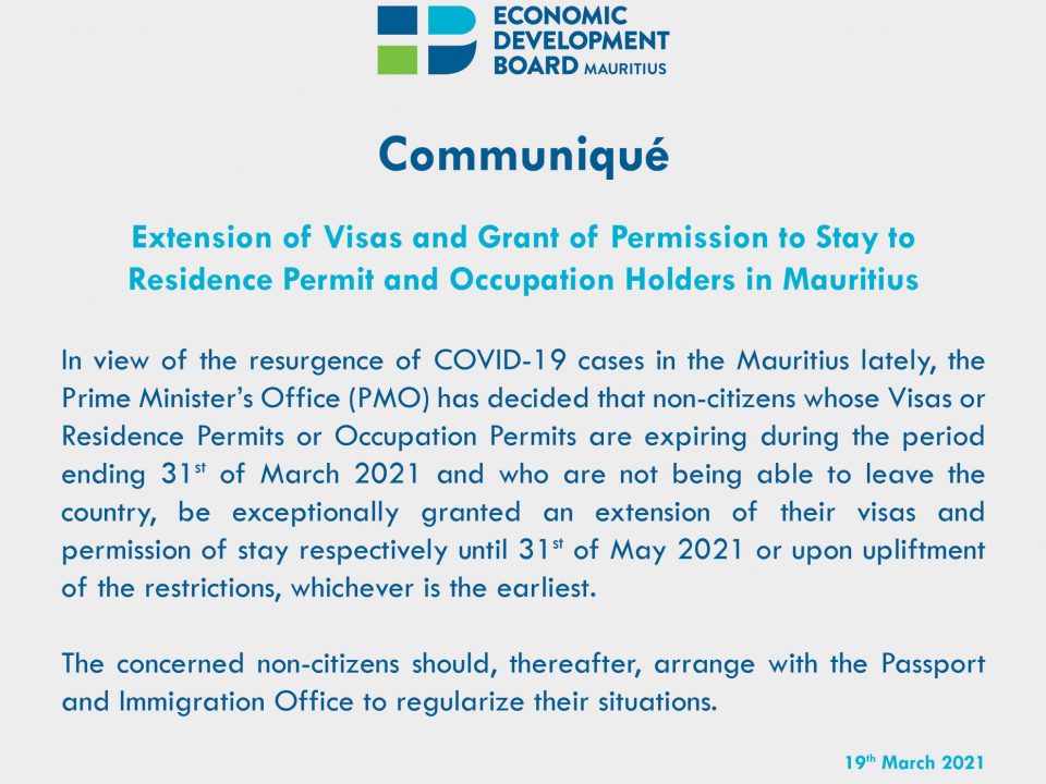 Extension of Visa, Residence Permit, Occupation Permit - EDB Mauritius- Corporate Vision