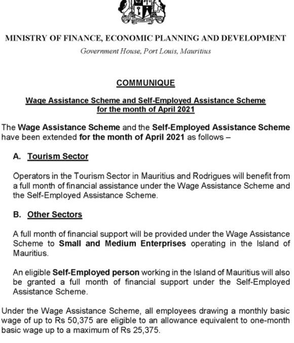 Wage Assistance Scheme and Self-Employed Assistance Scheme April 2021