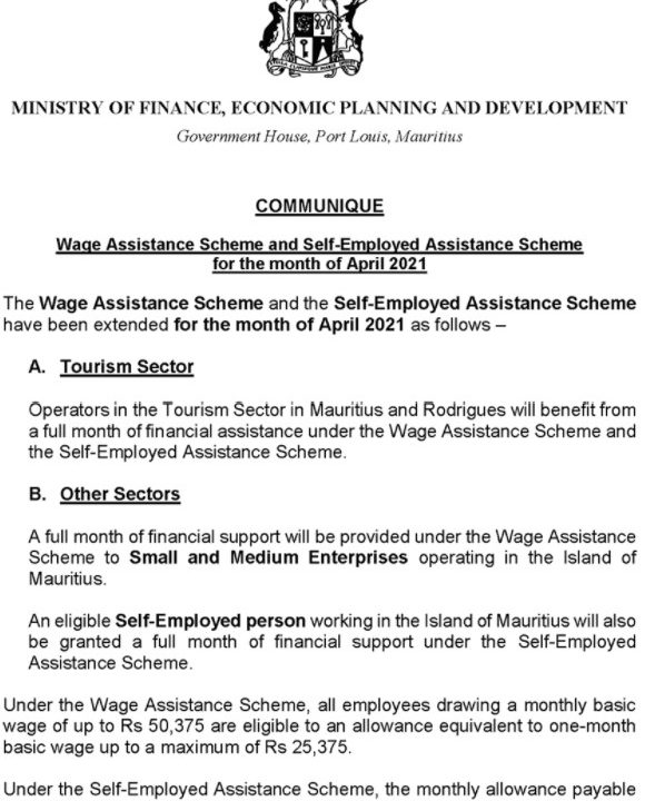 Wage Assistance Scheme and Self-Employed Assistance Scheme April 2021